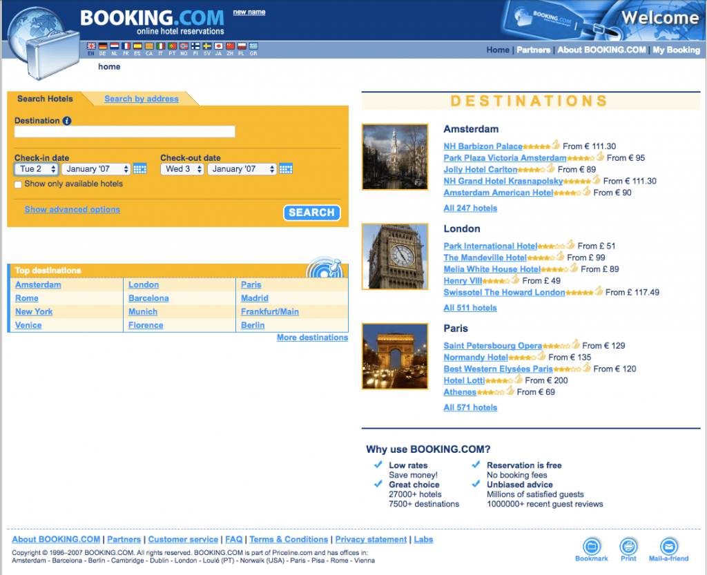 earlier version of the user interface of Booking